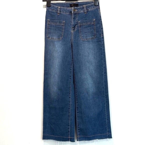 FRYE Wide Leg Jeans Raw Hem Blue Denim High Rise Patch Pockets Size 25 - Picture 10 of 14